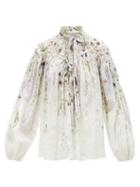 Zimmermann - Dancer Pussy-bow Pintucked Swing Blouse - Womens - Ivory Multi