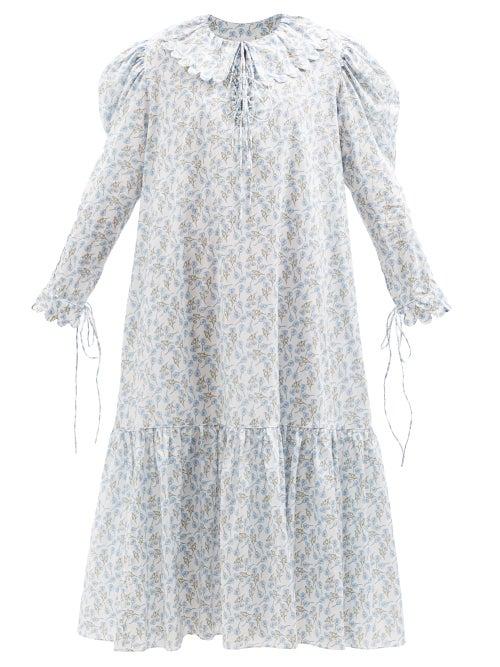 Horror Vacui - Elena Puff-sleeve Floral-print Cotton-poplin Dress - Womens - Blue White