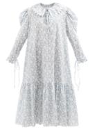 Horror Vacui - Elena Puff-sleeve Floral-print Cotton-poplin Dress - Womens - Blue White