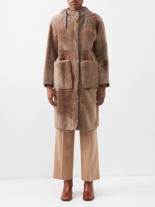 Brunello Cucinelli - Reversible Hooded Shearling Coat - Womens - Dark Taupe
