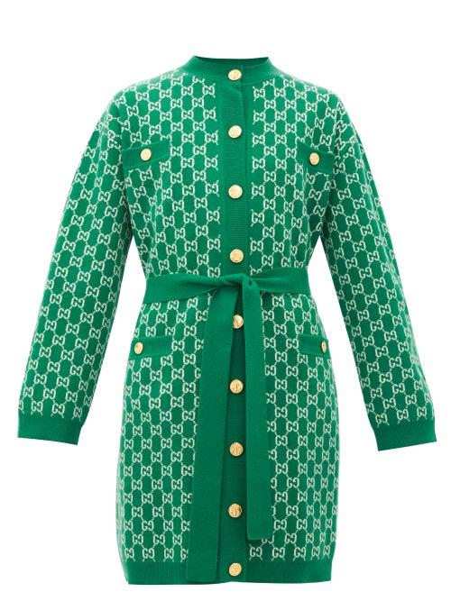Matchesfashion.com Gucci - Gg-jacquard Belted Wool Cardigan - Womens - Green