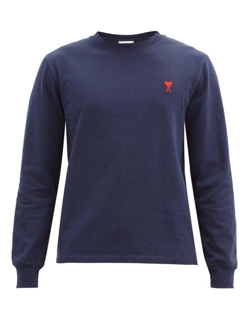 Matchesfashion.com Ami - Ami De Coeur-embroidered Organic-cotton T-shirt - Mens - Navy