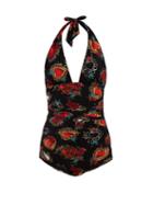 Matchesfashion.com Dolce & Gabbana - Heart And Rose Print Halterneck Swimsuit - Womens - Black Multi