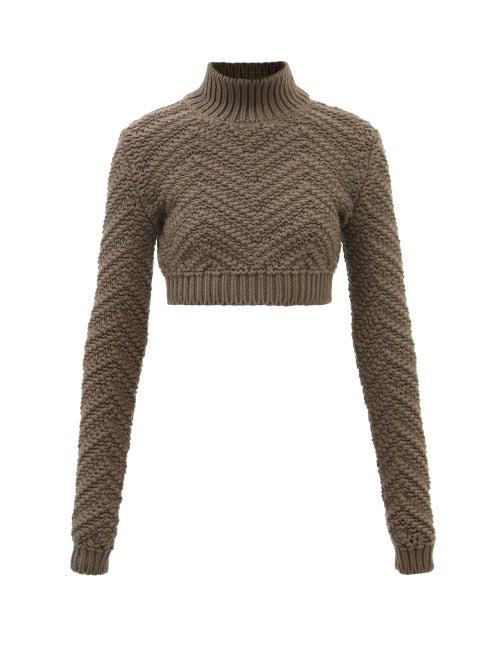 Fendi - Chevron-knit Cropped Wool Sweater - Womens - Khaki