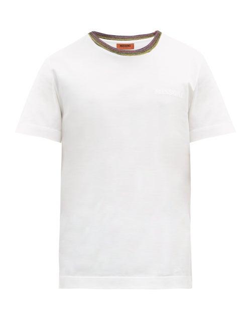 Matchesfashion.com Missoni - Striped-neck Logo-print Cotton-jersey T-shirt - Mens - White