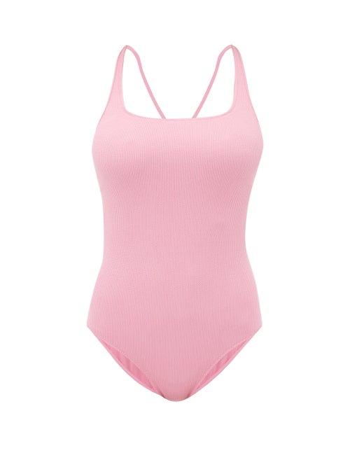 Matchesfashion.com Ganni - Crossover Back Ribbed Jersey Swimsuit - Womens - Pink