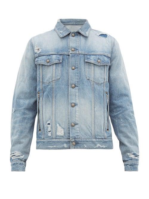 Matchesfashion.com Balmain - Distressed Logo Embroidered Denim Jacket - Mens - Blue