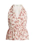 Matchesfashion.com Emilia Wickstead - Lucie Floral Print Halterneck Crepe Top - Womens - Red White