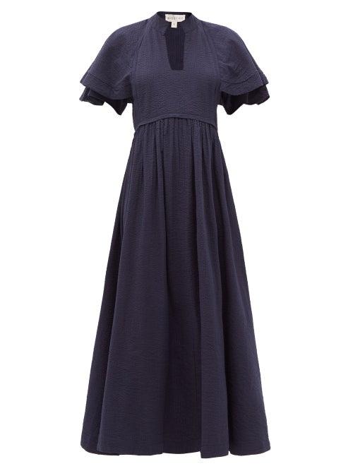 Matchesfashion.com Wiggy Kit - Cape-sleeve Cotton-seersucker Dress - Womens - Navy