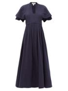 Matchesfashion.com Wiggy Kit - Cape-sleeve Cotton-seersucker Dress - Womens - Navy