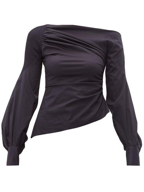 Matchesfashion.com Peter Pilotto - Off The Shoulder Cotton Poplin Top - Womens - Navy