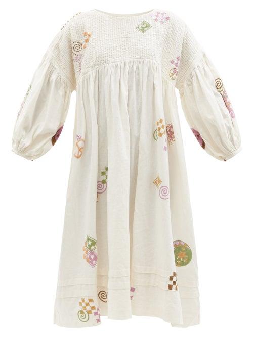 Matchesfashion.com Story Mfg. - Mon Spiral Trip-print Organic-cotton Blend Dress - Womens - Ivory