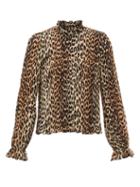 Matchesfashion.com Ganni - Ruffled-neck Leopard-print Pliss Georgette Top - Womens - Leopard