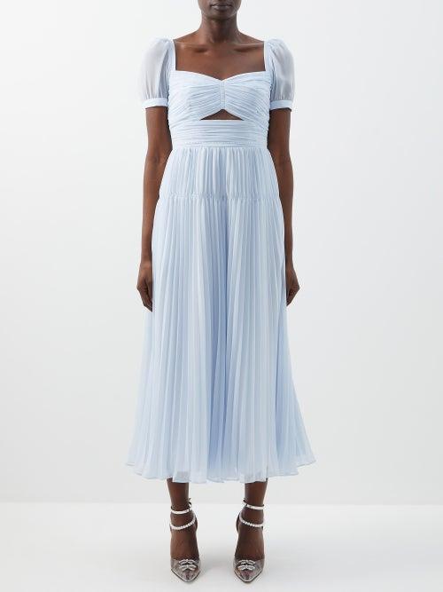 Self-portrait - Sweetheart-neck Pleated-chiffon Midi Dress - Womens - Light Blue
