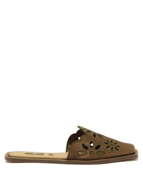 Ladies Shoes Carlotha Ray - Floral-embroidered Satin Slippers - Womens - Khaki