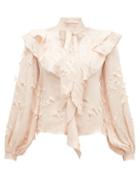 Matchesfashion.com Peter Pilotto - Ruffled Fil Coup Satin Jacquard Blouse - Womens - Cream