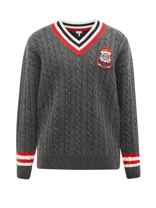 Loewe - Crest-logo Cable-knit Sweater - Mens - Dark Grey