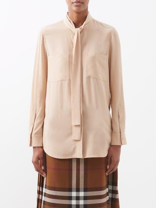 Burberry - Tie-neck Silk Blouse - Womens - Beige