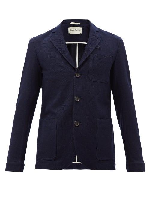 Oliver Spencer - Single-breasted Wool-blend Herringbone Jacket - Mens - Navy