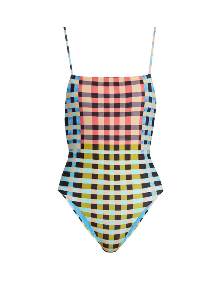 Mara Hoffman Plaid Mustard-print High-leg Swimsuit