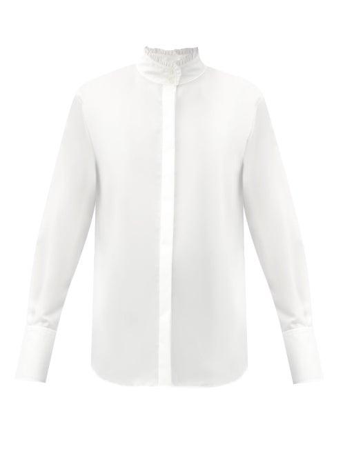 Matchesfashion.com Frame - Ruffled High-neck Cotton-poplin Shirt - Womens - White