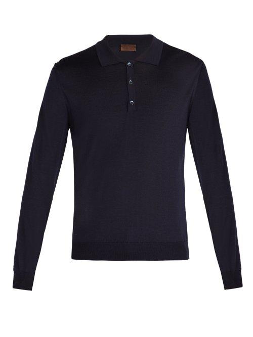 Matchesfashion.com Altea - Merino Wool And Silk Blend Polo Shirt - Mens - Navy