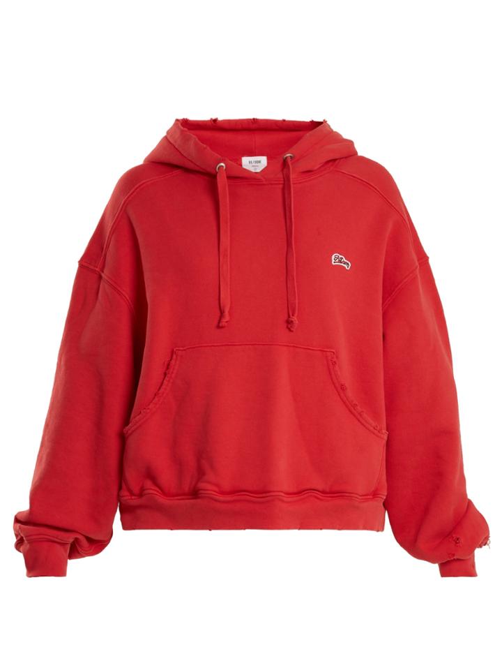 Re/done Originals Logo-appliqu Distressed Cotton Hooded Sweatshirt