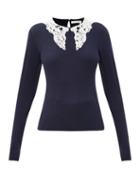 Matchesfashion.com Chlo - Lace-collar Ribbed Cotton-blend Jersey Top - Womens - Navy