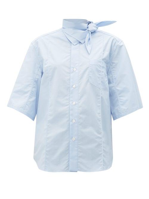 Matchesfashion.com Toga - Tie Neck Cotton Shirt - Womens - Light Blue