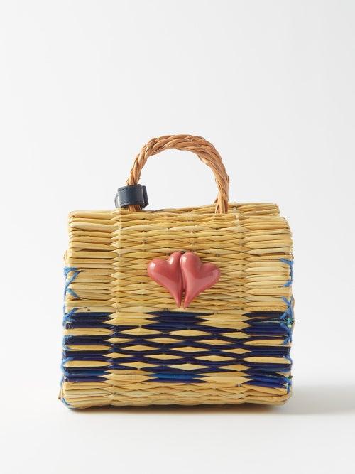 Heimat Atlantica - Chacha Mini Porcelain Heart Rattan Basket Bag - Womens - Blue Multi