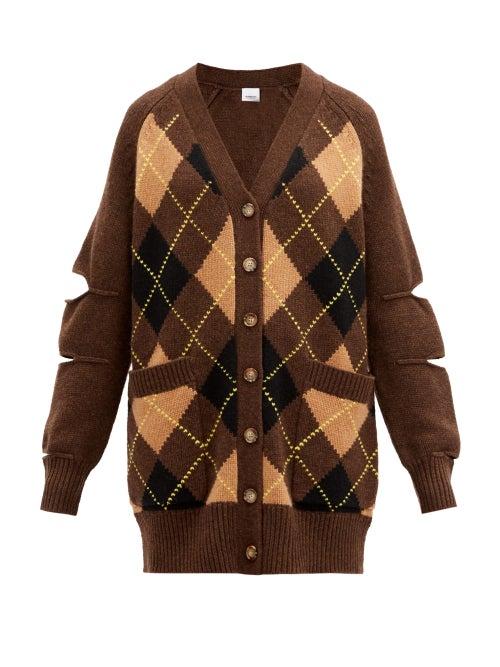 Matchesfashion.com Burberry - Agnese Cutout Argyle-check Wool-blend Cardigan - Womens - Brown Multi