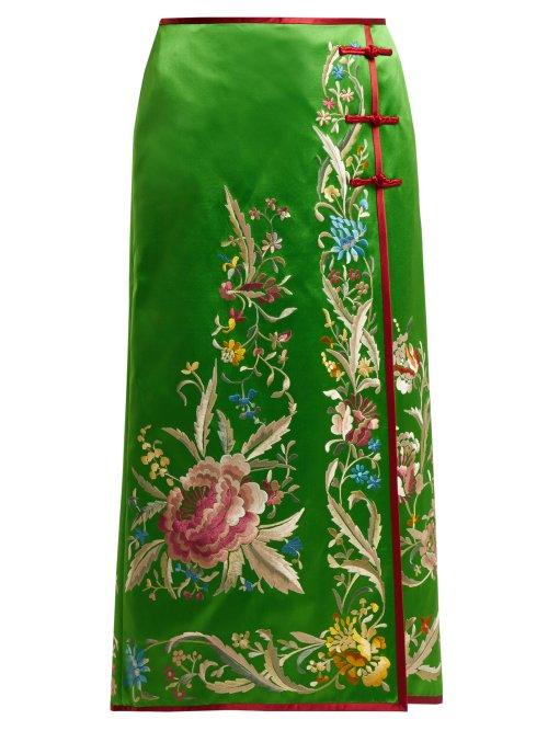Matchesfashion.com Gucci - Floral Embroidered Silk Satin Skirt - Womens - Green