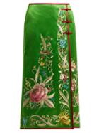 Matchesfashion.com Gucci - Floral Embroidered Silk Satin Skirt - Womens - Green
