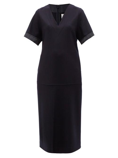 Jil Sander - V-neck Satin-trimmed Wool Midi Dress - Womens - Navy