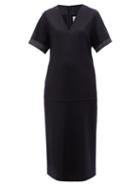 Jil Sander - V-neck Satin-trimmed Wool Midi Dress - Womens - Navy