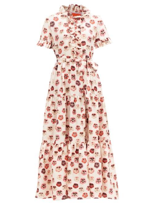 La Doublej - Long And Sassy Micro Pansy-print Silk Midi Dress - Womens - White Multi