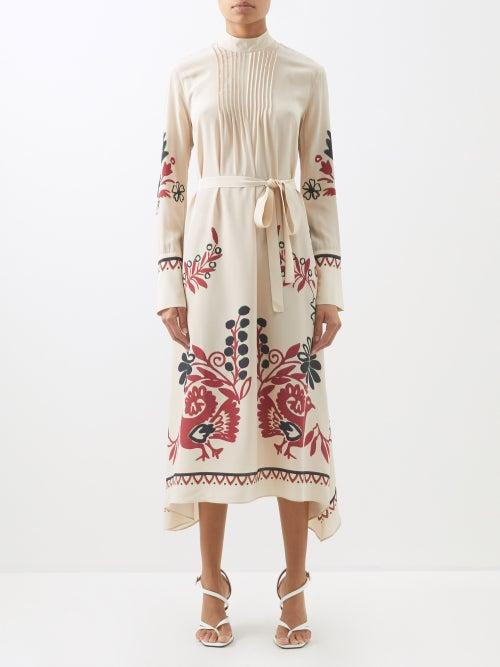 La Doublej - Le Marais Place-print Silk Midi Dress - Womens - Cream Multi