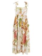 Juliet Dunn - Embroidered Floral-print Cotton-voile Midi Dress - Womens - Cream Print