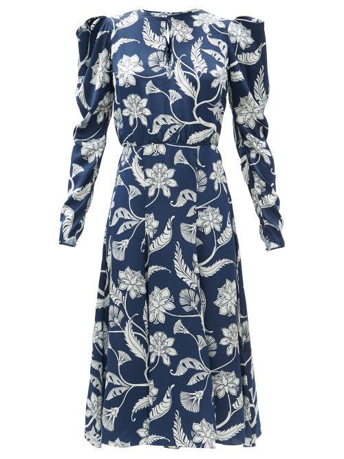 Matchesfashion.com Johanna Ortiz - Wild Blue Botanical-print Silk-charmeuse Dress - Womens - Navy Multi