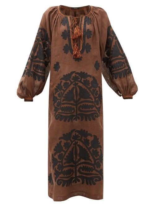 Matchesfashion.com Vita Kin - Shalimar Floral-appliqu Linen Dress - Womens - Brown Multi
