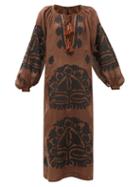 Matchesfashion.com Vita Kin - Shalimar Floral-appliqu Linen Dress - Womens - Brown Multi