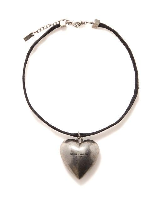 Saint Laurent - Large Heart Pendant Velvet Necklace - Womens - Silver