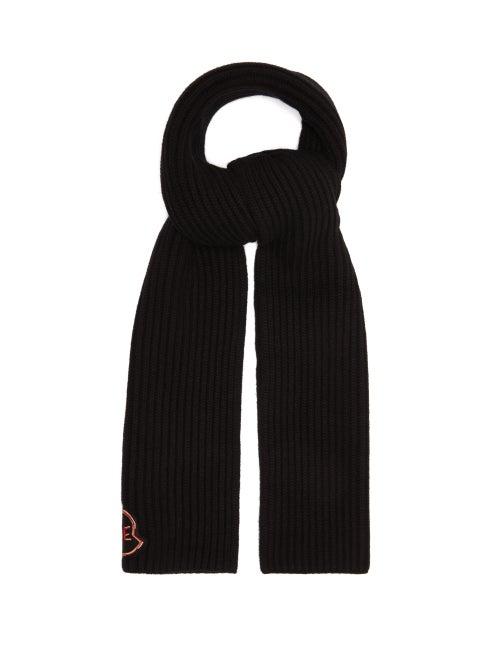 Moncler - Logo-embroidered Ribbed Wool-blend Scarf - Womens - Black