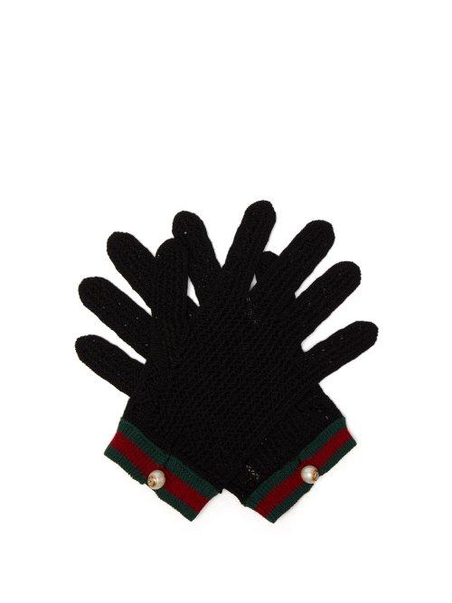 Matchesfashion.com Gucci - Web Striped Crochet Gloves - Womens - Black