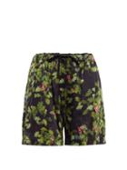 Matchesfashion.com Preen By Thornton Bregazzi - Isabel Leaf Print Satin Shorts - Womens - Black Green