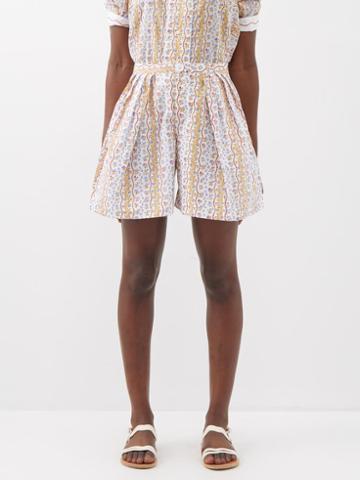 Thierry Colson - Kenya Floral-print Cotton Shorts - Womens - Mustard