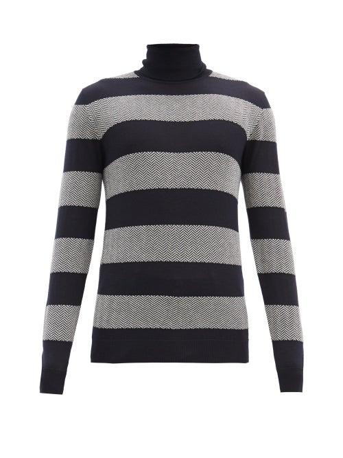 Matchesfashion.com Giorgio Armani - Striped Herringbone Wool-blend Sweater - Mens - Grey Multi