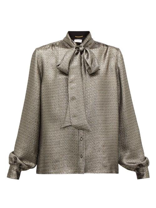 Matchesfashion.com Saint Laurent - Pussybow Silk-blend Lam Blouse - Womens - Silver