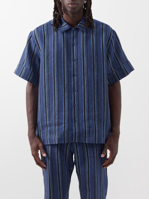 Etro - Striped Linen Short-sleeved Shirt - Mens - Blue Multi