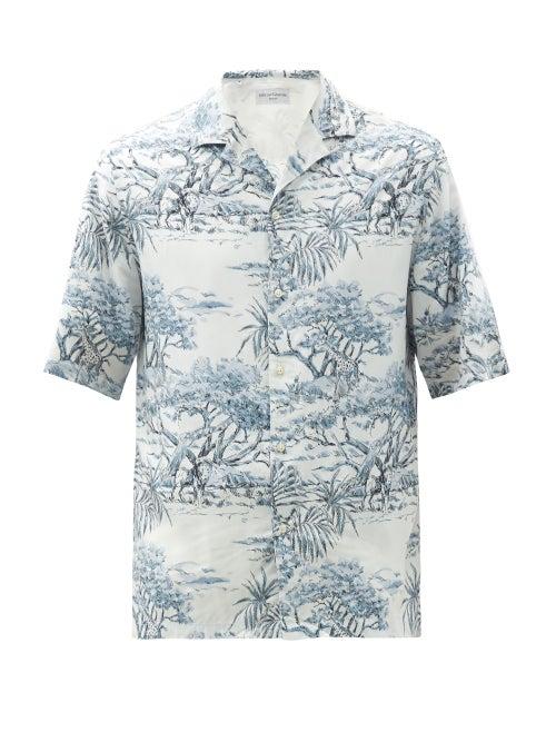 Matchesfashion.com Officine Gnrale - Eren Cuban-collar Savanna-print Crepe Shirt - Mens - White Multi